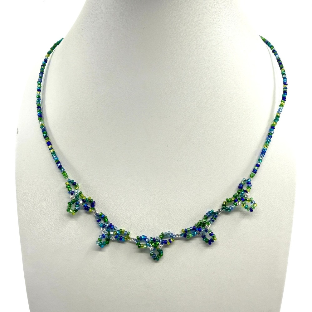 Vibrant Blue Green Seed Bead Statement Necklace Cottagecore Boho Festival Style